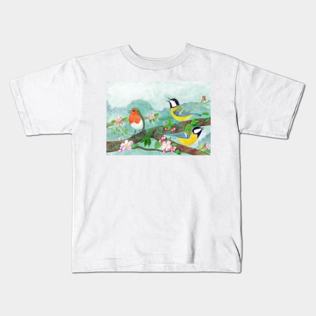 Bird dawn chorus Kids T-Shirt by Julia Doria Illustration